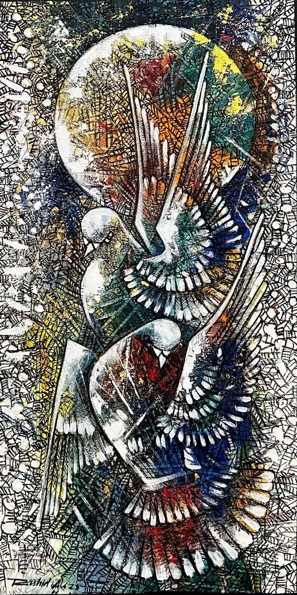 Rashid Ali Pigeons oil on canvas 12x24 inches three white pigeons flying full moon moonlight textured vertical painting