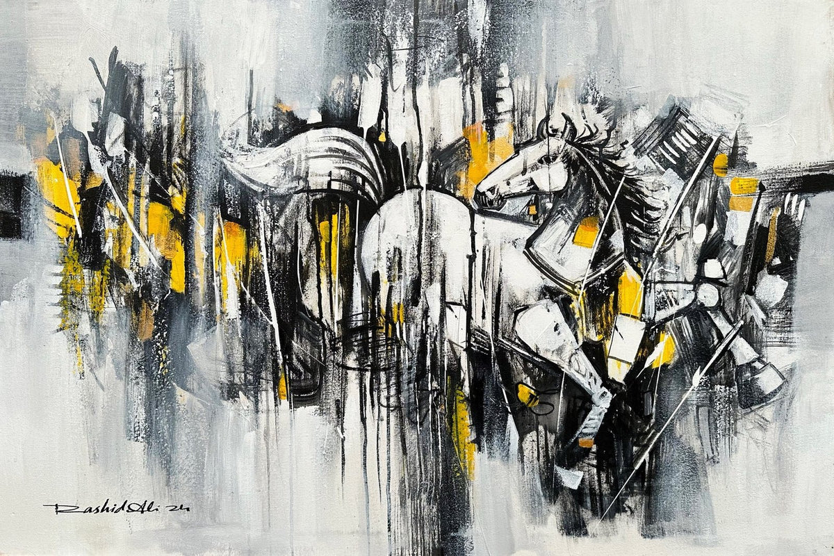 Rashid Ali Polo Player Abstract White Horse oil on canvas 24x36 inches abstract polo player white horse galloping yellow black white painting