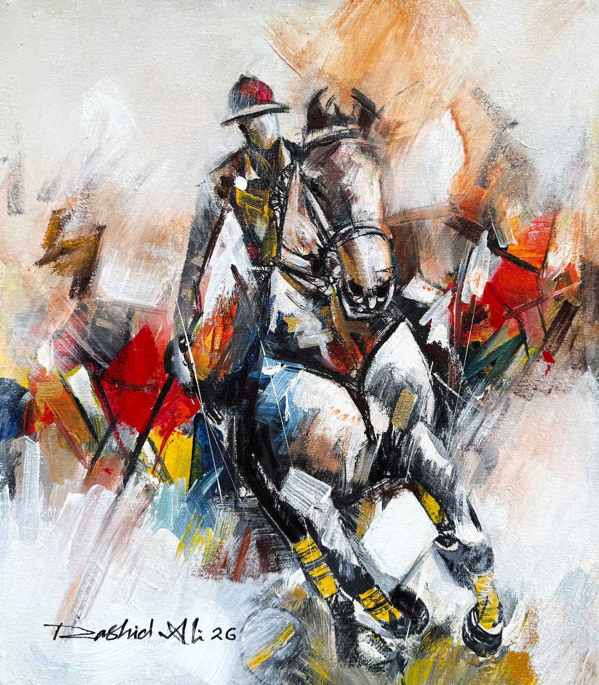 Rashid Ali polo player oil painting on canvas 14x16 inches abstract equestrian art with white horse gold leg wraps red and gold brushstrokes
