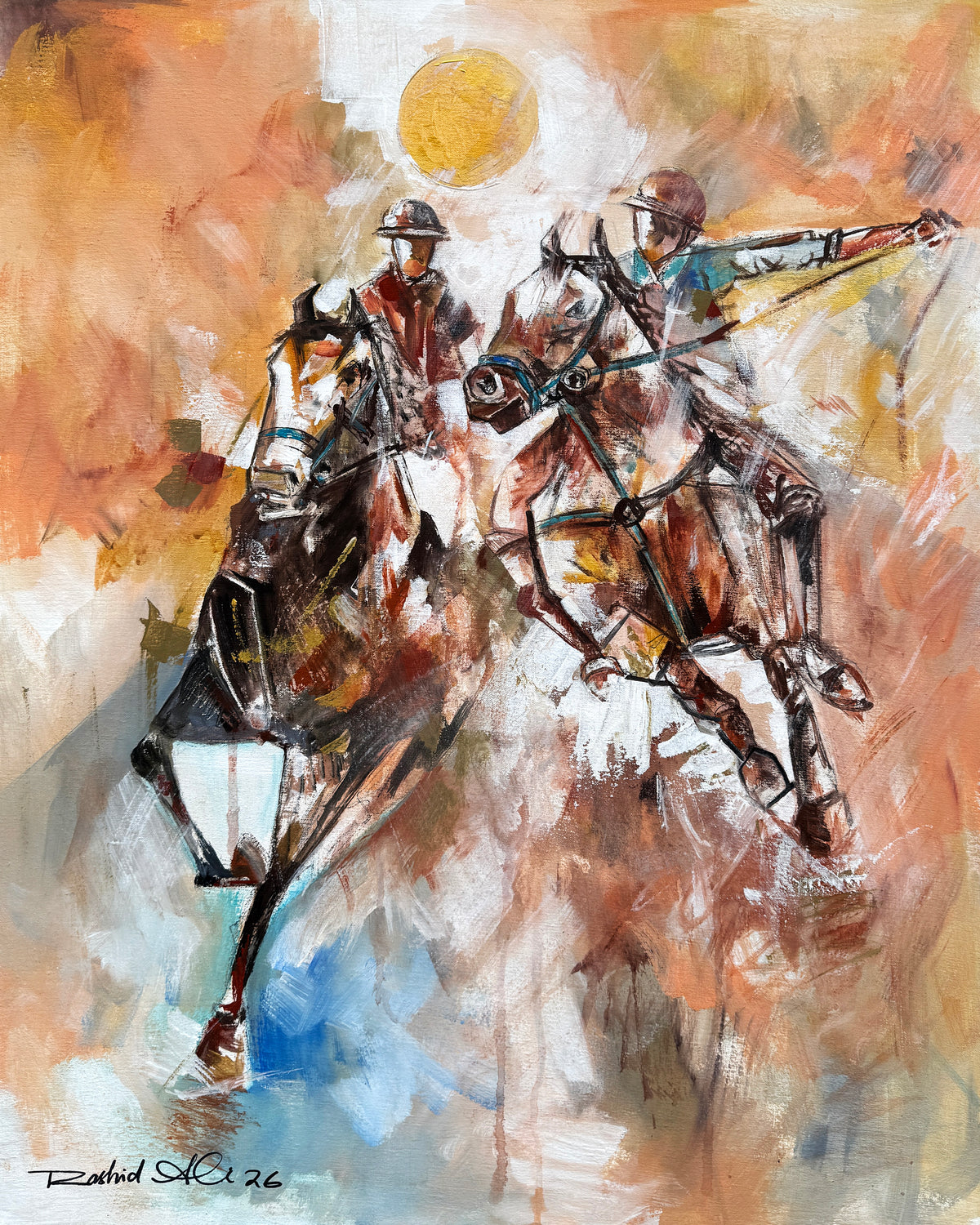 Rashid Ali polo players oil painting on canvas 24x30 inches 2 riders on horses in action under golden sun abstract equestrian sports art