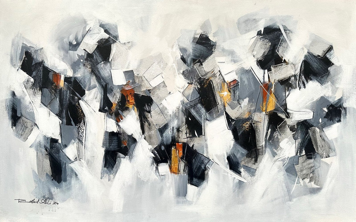 Modern 30x48 monochrome abstract oil painting on canvas by Rashid Ali in black, grey, white, and subtle gold accents.