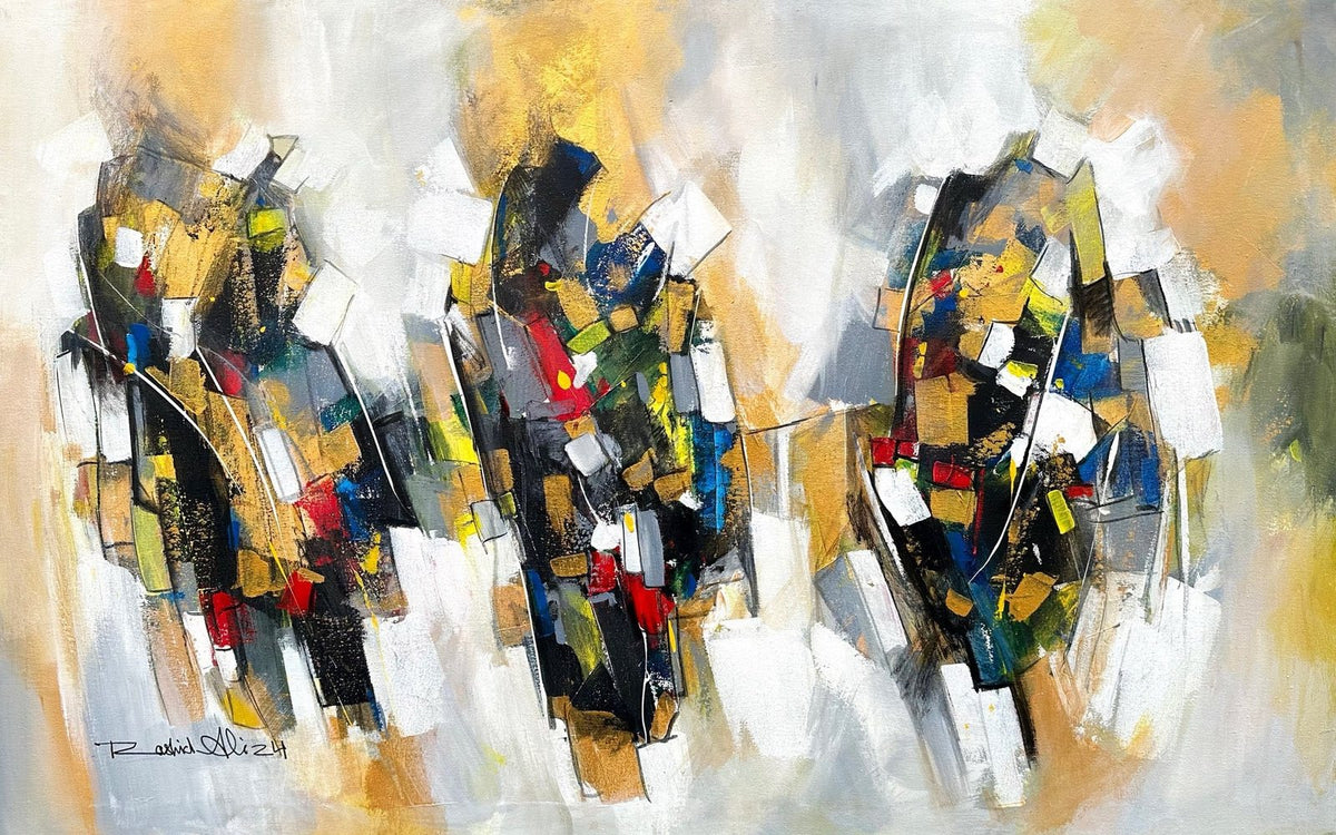 Original 30x48 abstract oil painting by Rashid Ali featuring warm ochre background with red, blue, and yellow vertical geometric forms. 