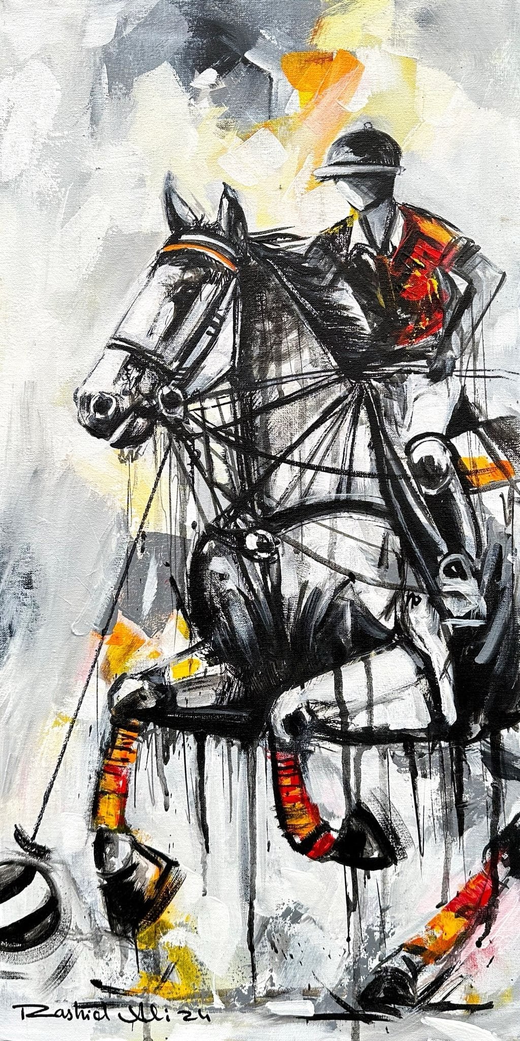 Rashid Ali white polo horse with mallet action oil on canvas 12x24 inches polo player white horse painting sold out