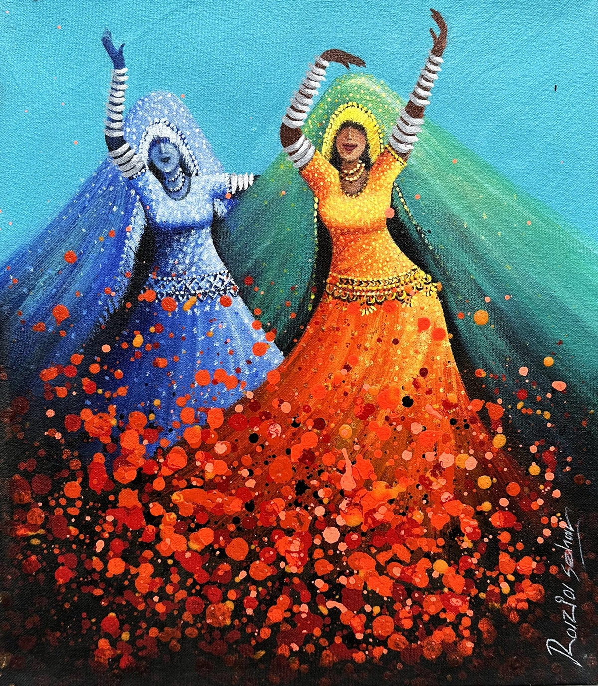 Razia Sehar celebrating variant 2 oil on canvas 14x16 inches yellow right dance