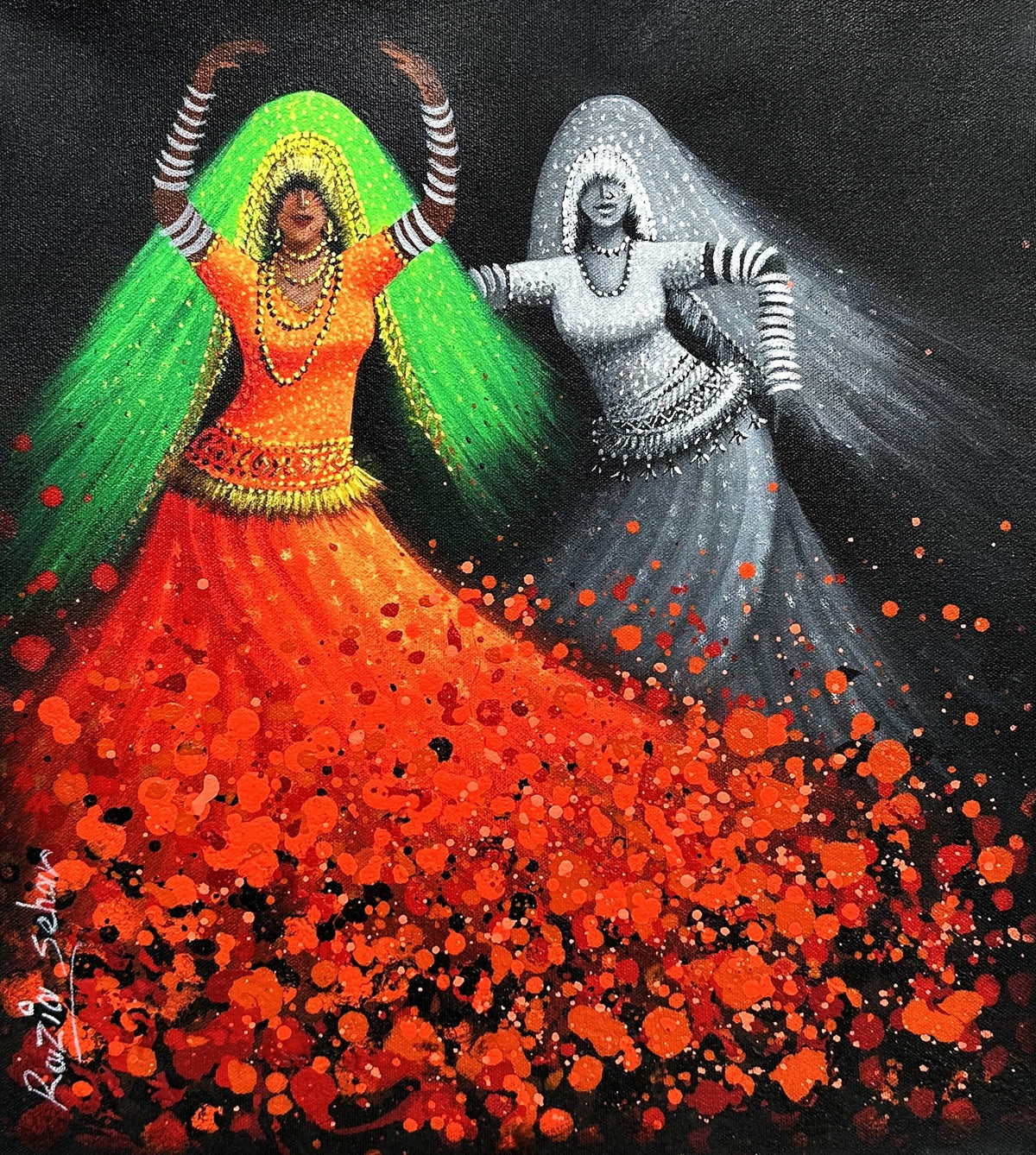 Razia Sehar Midnight Rhythms oil on canvas 14x16 inches black background folk dance yellow left
