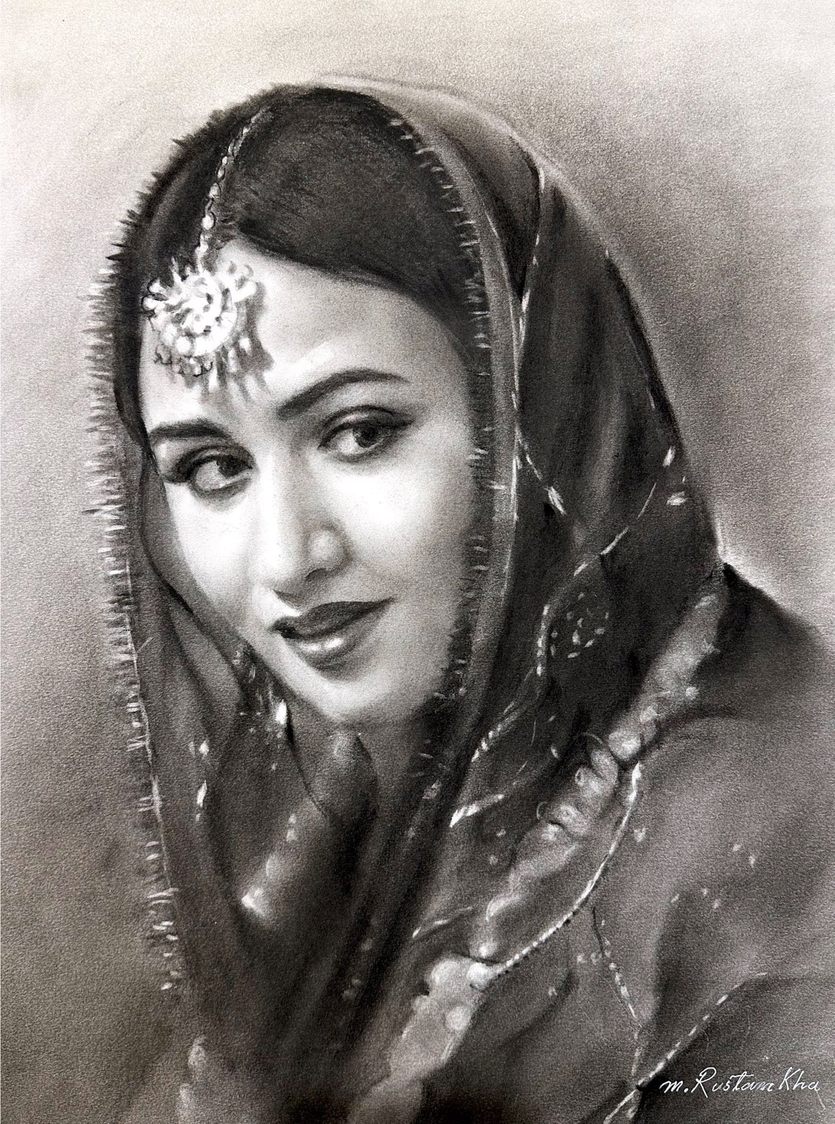 Rustam Khan Traditional Charm charcoal on paper 15x20 inches portrait of woman in dupatta with maang tikka
