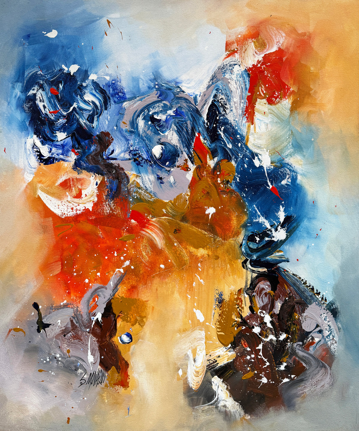 S M Naqvi blue orange gold white abstract explosion acrylic on canvas 30x36 inches