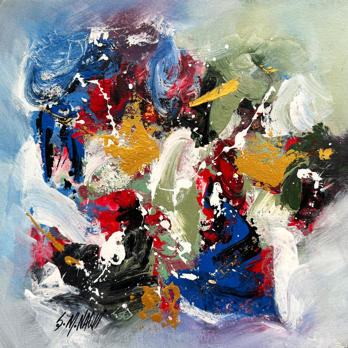 S M Naqvi colorful abstract explosion blue red gold white acrylic on canvas 14x14 inches