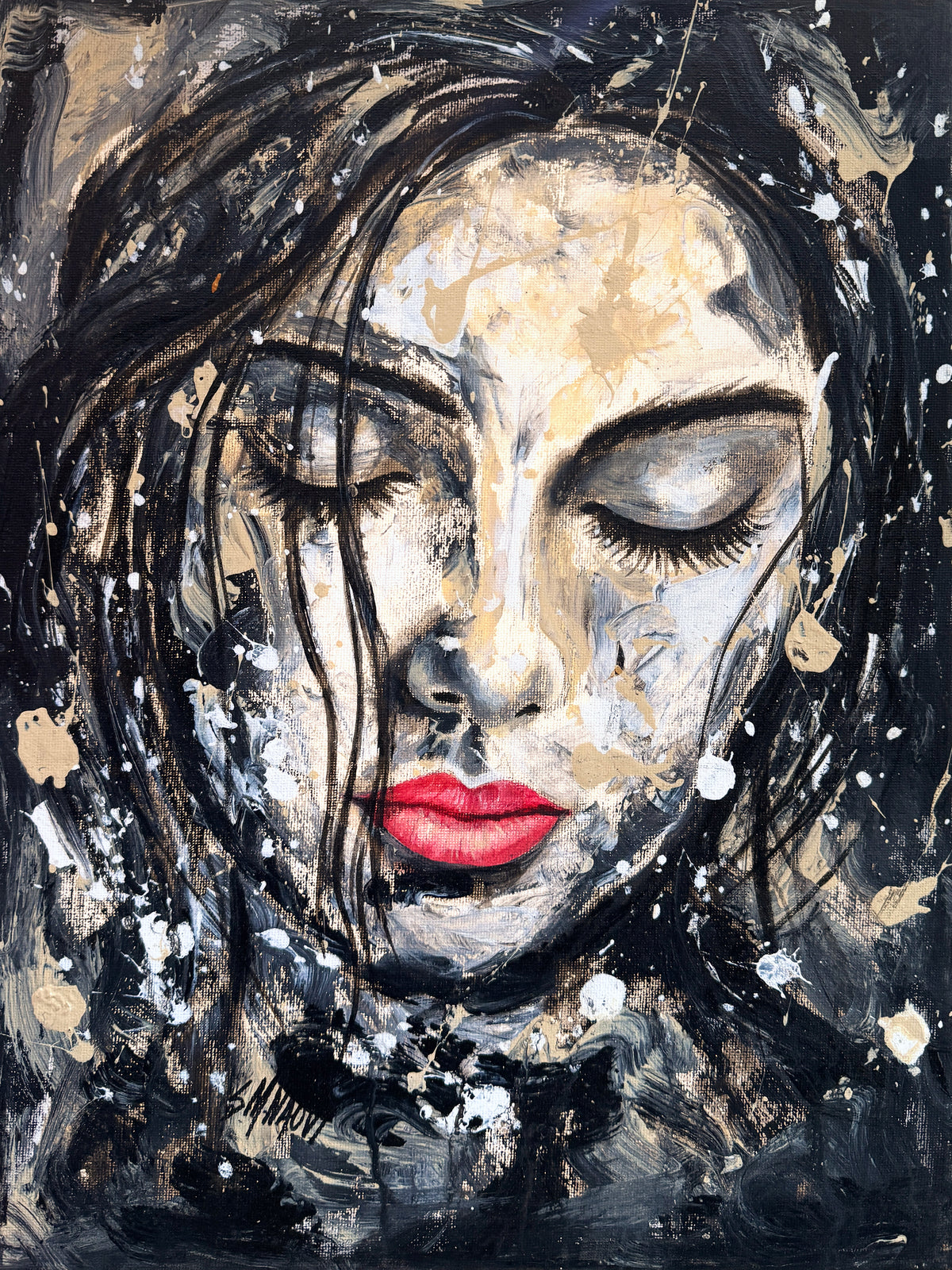 S M Naqvi dreamy woman closed eyes red lips portrait acrylic on canvas 12x16 inches