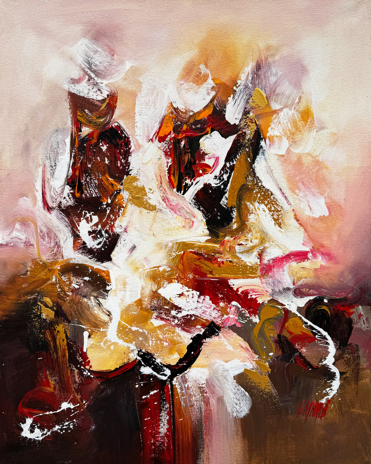 S M Naqvi fiery abstract expressionism brown gold white red acrylic on canvas 24x30 inches