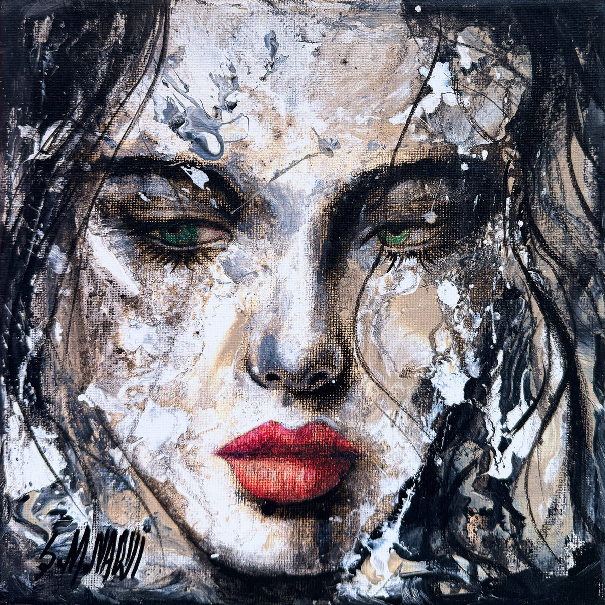 S M Naqvi mystic woman green eyes red lips portrait acrylic on canvas 8x8 inches