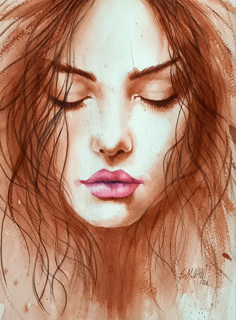 S M Naqvi Serene Beauty Painting watercolor on paper 11x14 inches female portrait closed eyes brown hair pink lips dreamy tranquil sepia portrait