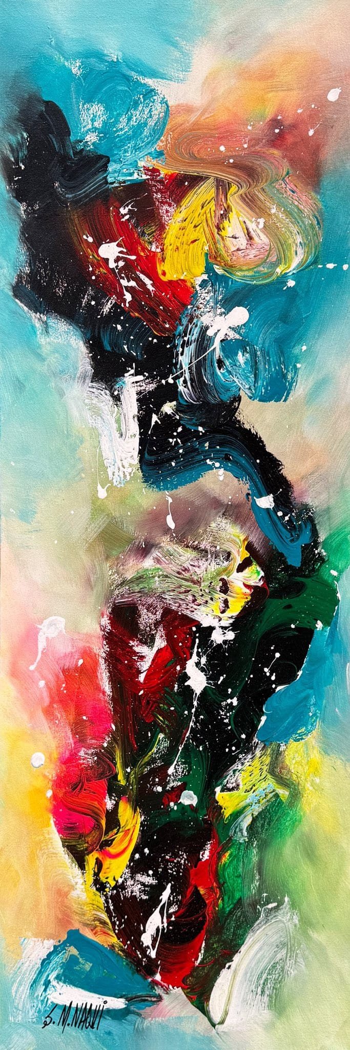 S M Naqvi vertical abstract canvas painting with teal blue pink yellow and green brush strokes.