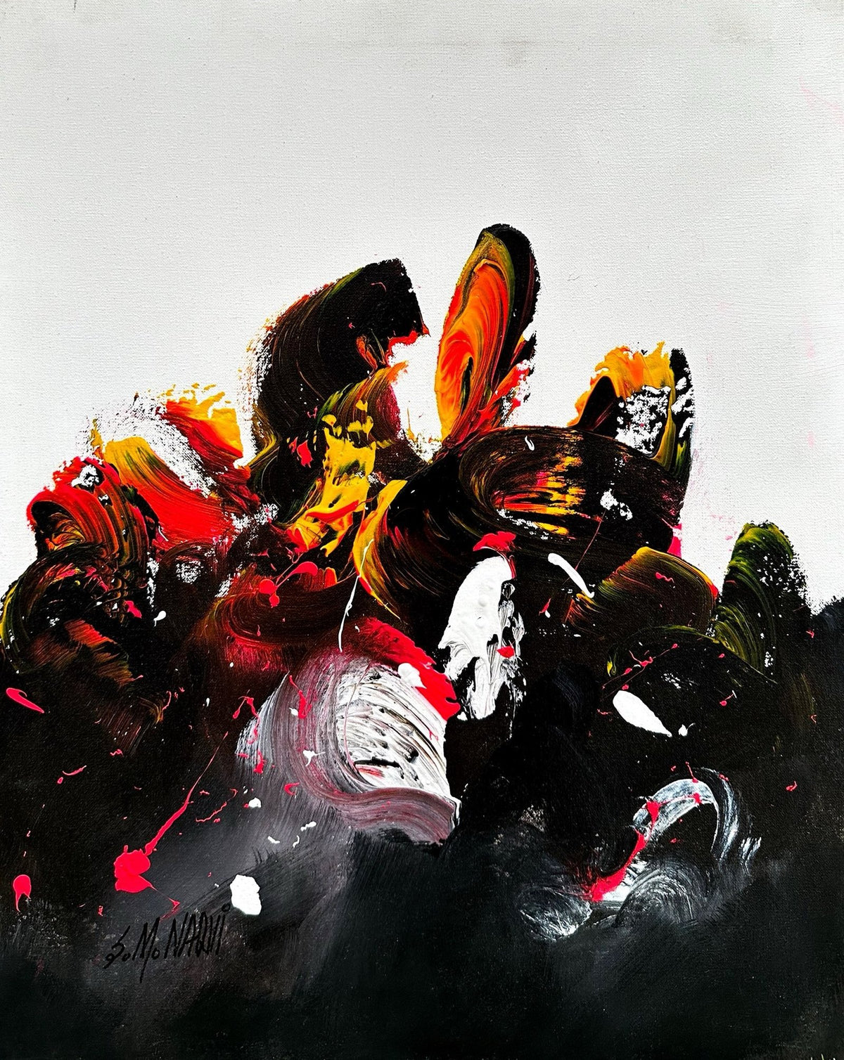 Abstract acrylic canvas painting by S.M. Naqvi featuring bold red yellow and black strokes on a white background.
