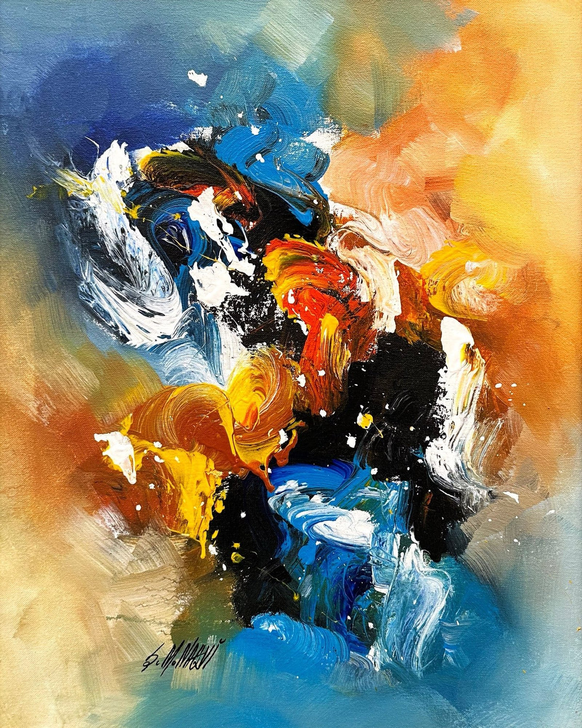 S M Naqvi abstract acrylic canvas painting with blue orange yellow and white brush strokes.