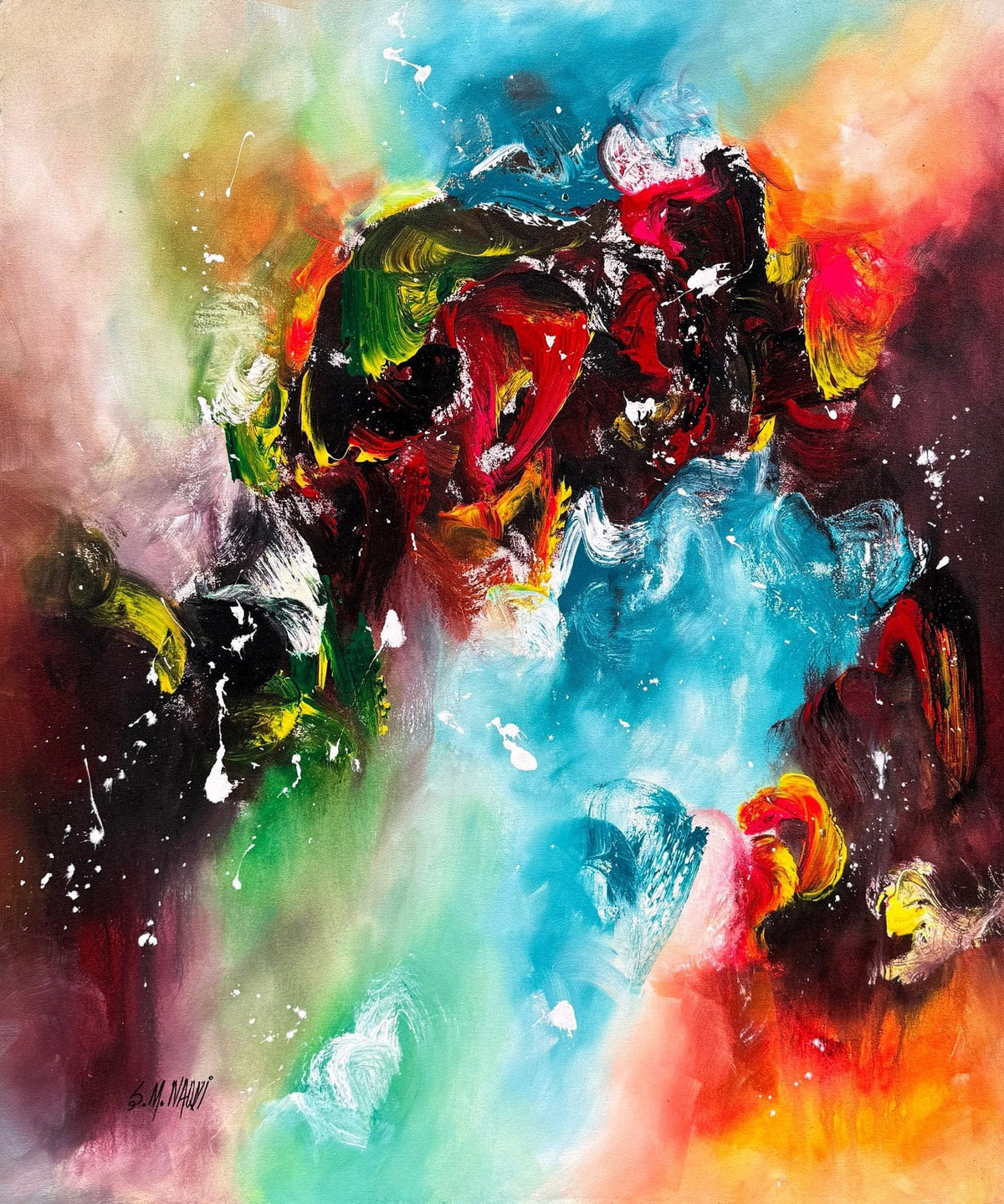 Abstract acrylic canvas painting by Pakistani artist S. M. Naqvi with bright blue red green yellow and dark strokes.