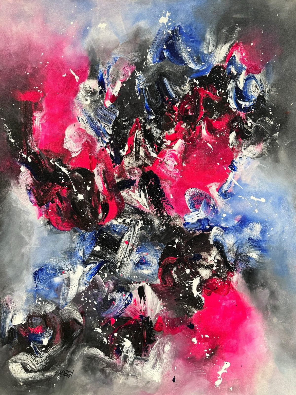 Cosmic Energy 36x48 original vertical acrylic canvas painting by S. M. Naqvi with vibrant magenta pink, electric blue, and black paint splatters.