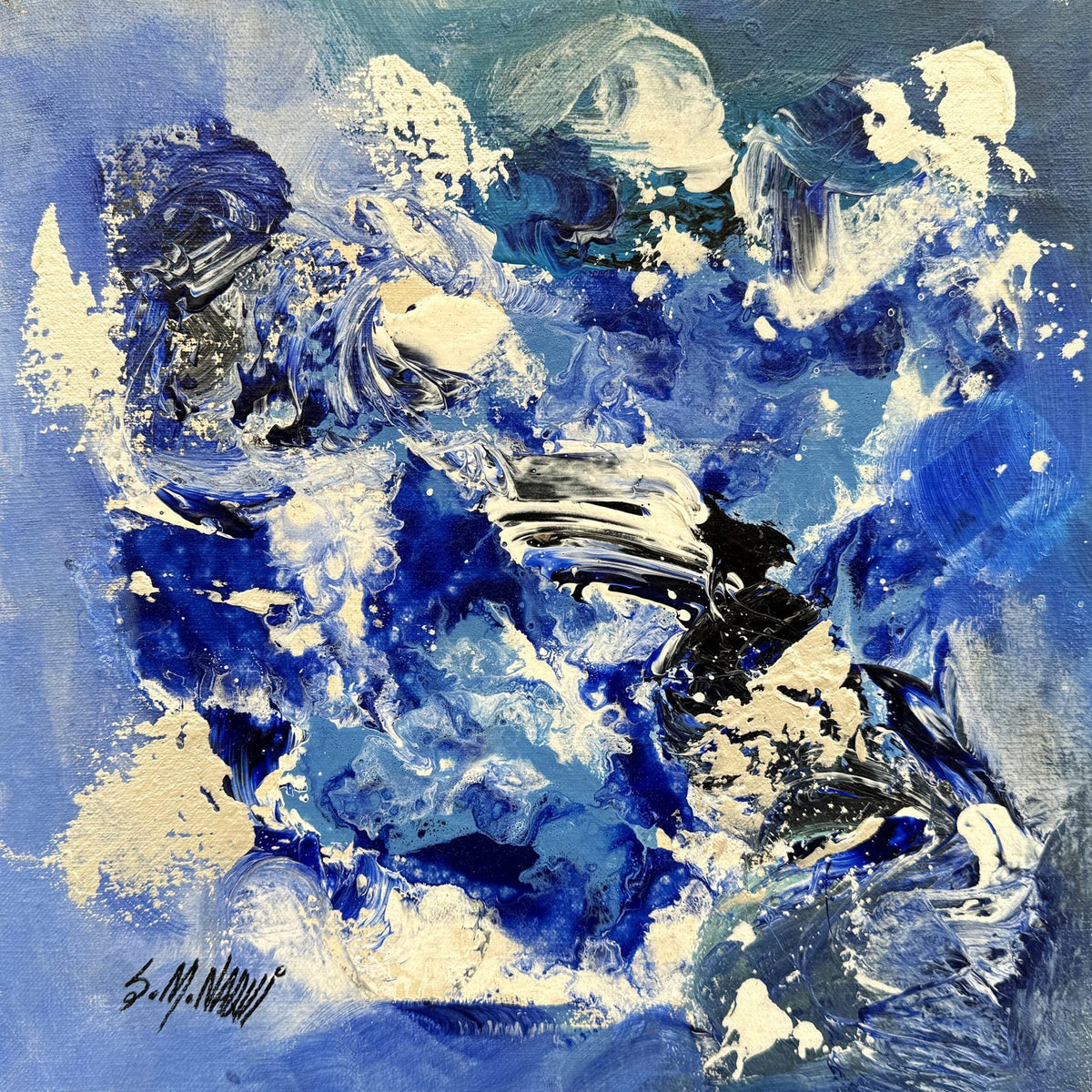Echoes of the Deep original 12x12 abstract acrylic painting on canvas by S.M. Naqvi featuring deep ocean blue swirls and white splashes.