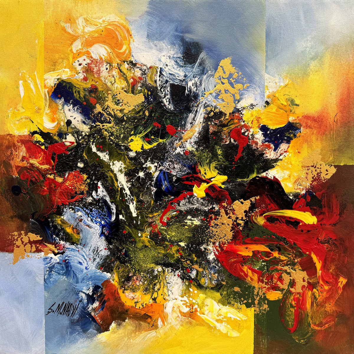 Energy in Motion abstract acrylic canvas painting with yellow red and gold accents by S.M. Naqvi.