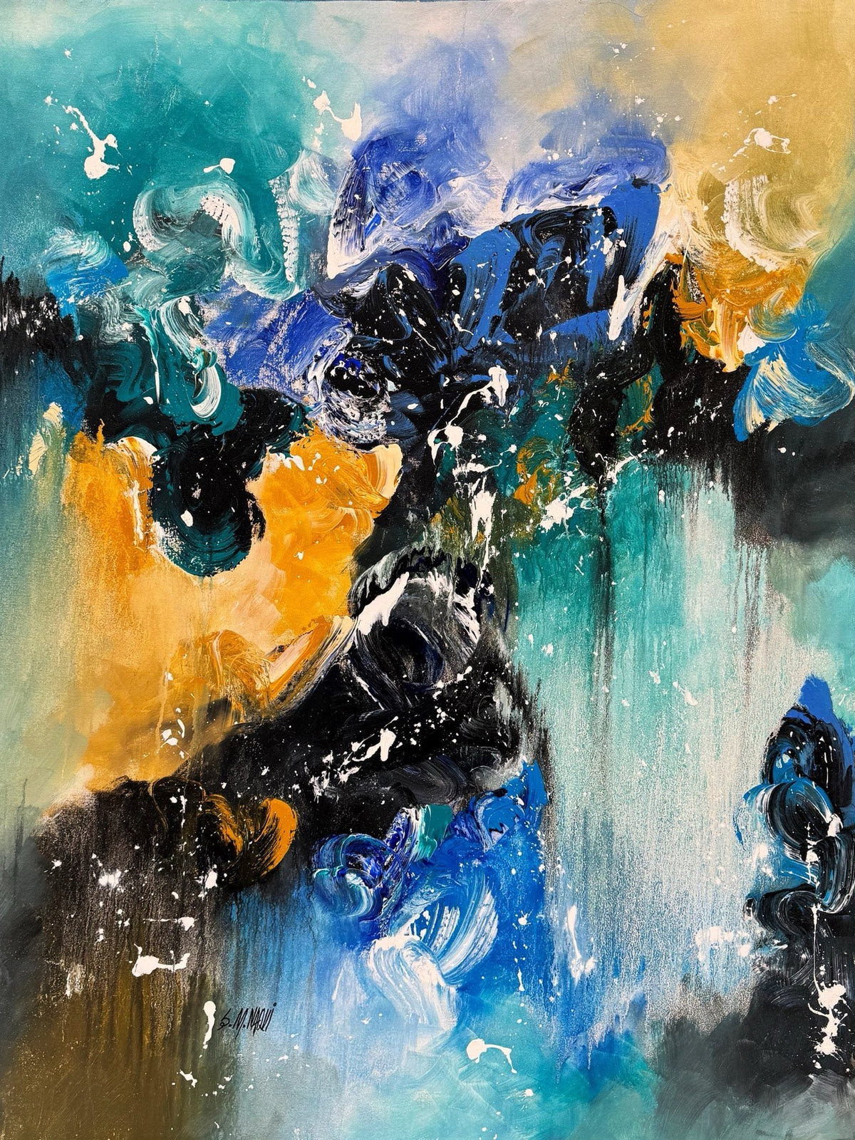 Ethereal Chaos original abstract acrylic canvas painting by Pakistani artist S. M. Naqvi with teal blue gold and black strokes.