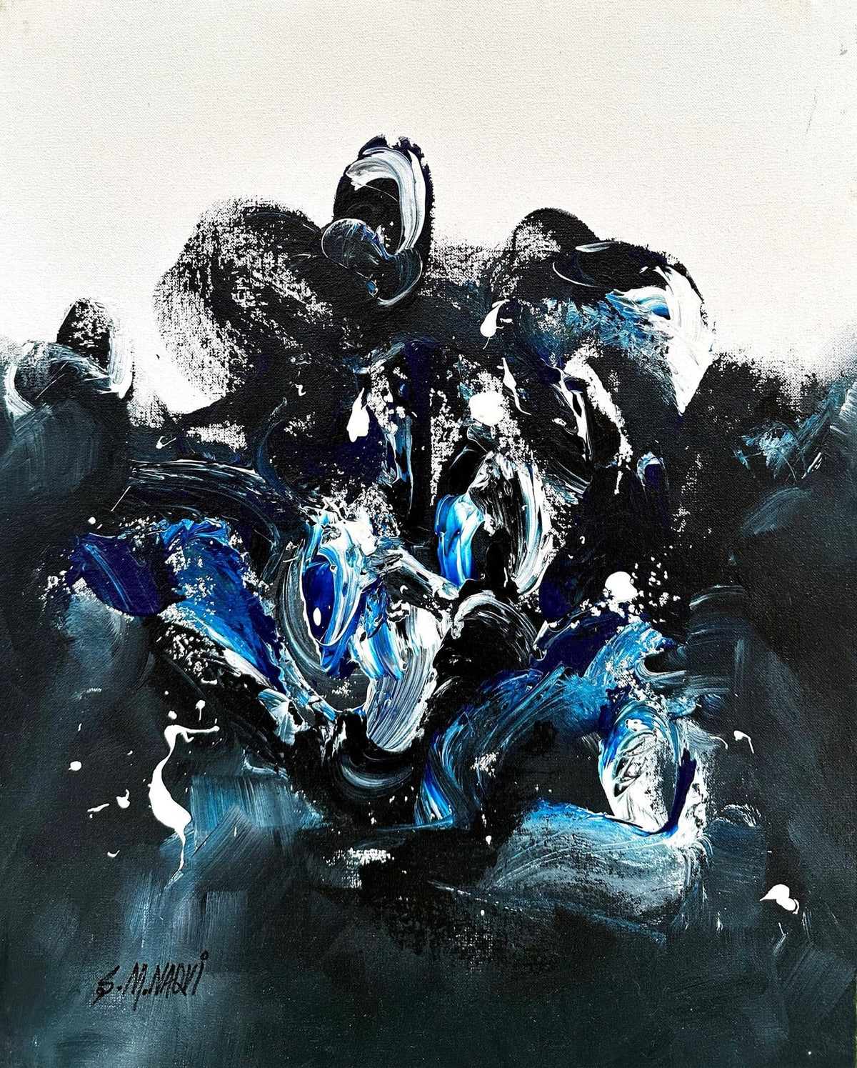Forest Reverie abstract acrylic canvas artwork by S.M. Naqvi displaying dark blue black and white expressive brush strokes.