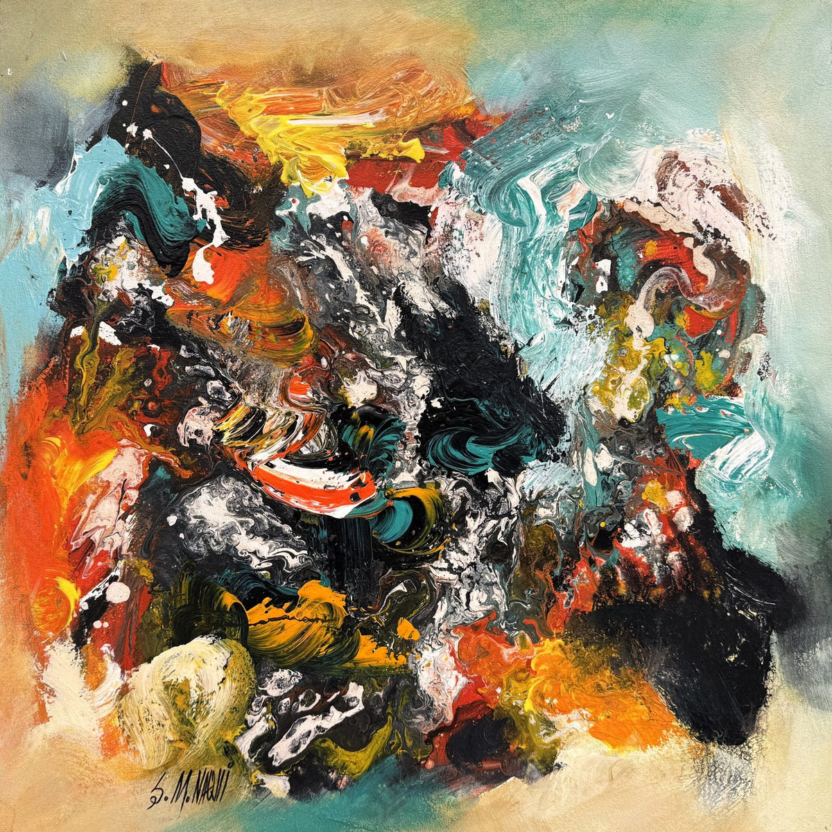 Fragments of Fire and Sky abstract acrylic canvas artwork with fire orange and sky blue colors by S.M. Naqvi.