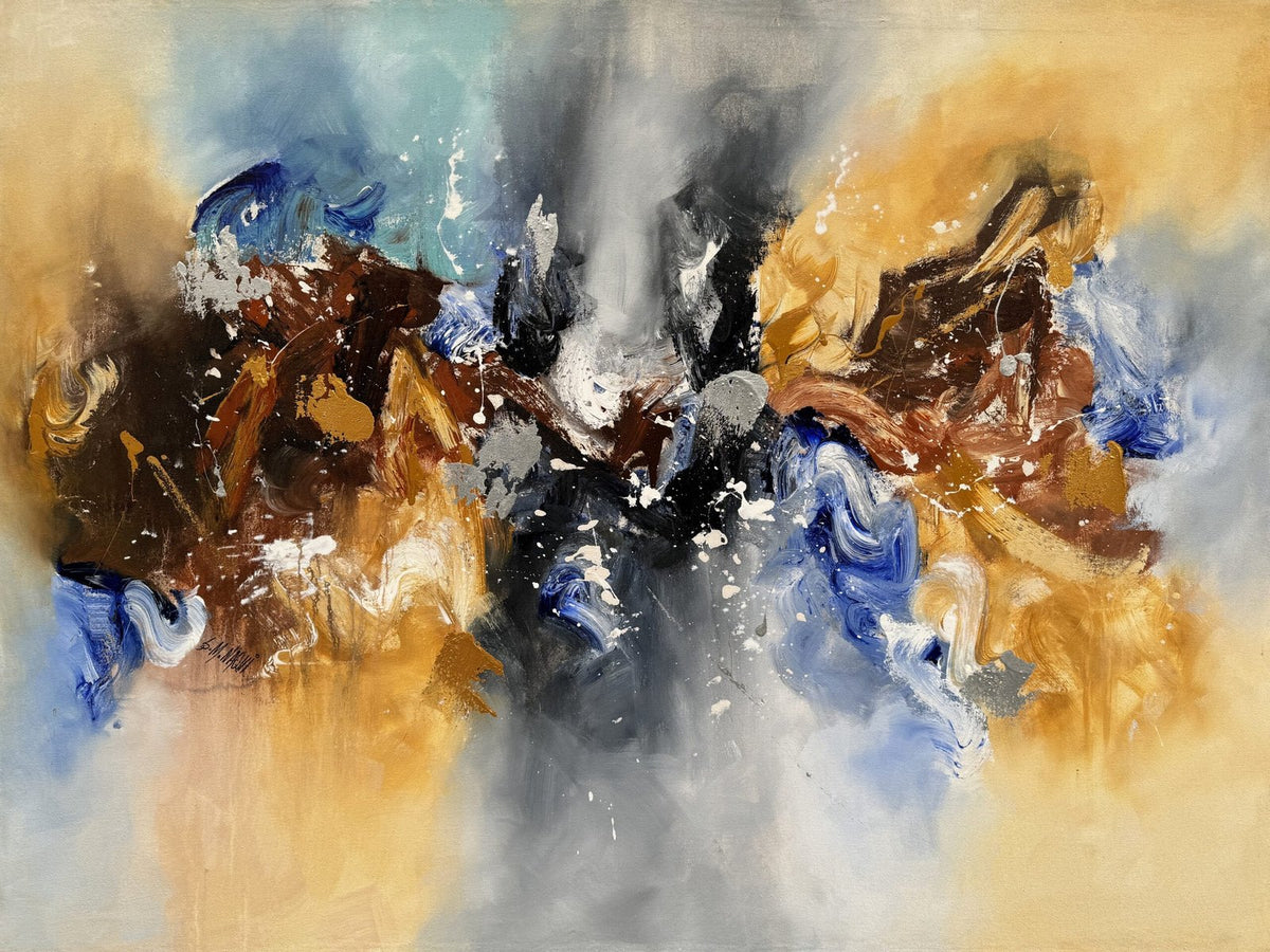 Resonance in Motion 36x48 original acrylic canvas painting by S. M. Naqvi featuring ocean blue, gold ochre, and white splatters.