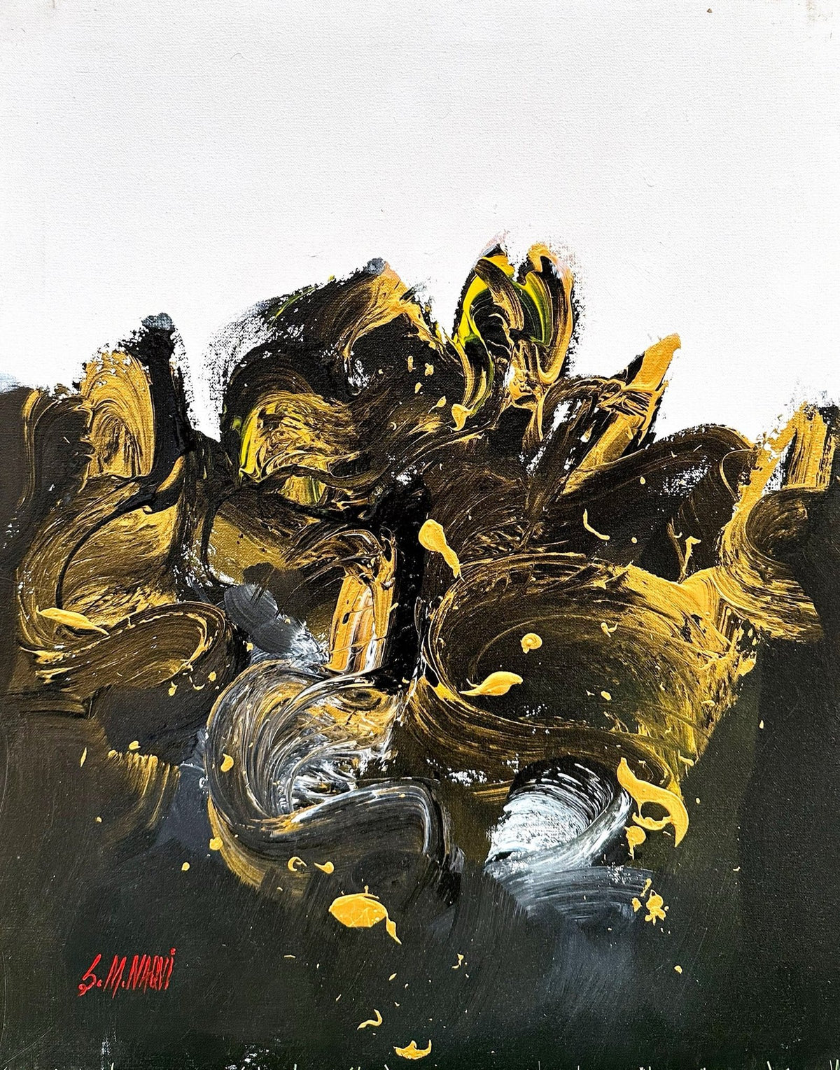 Whispers of the Wild abstract acrylic painting on canvas by S.M. Naqvi with bold gold black and white brush strokes.