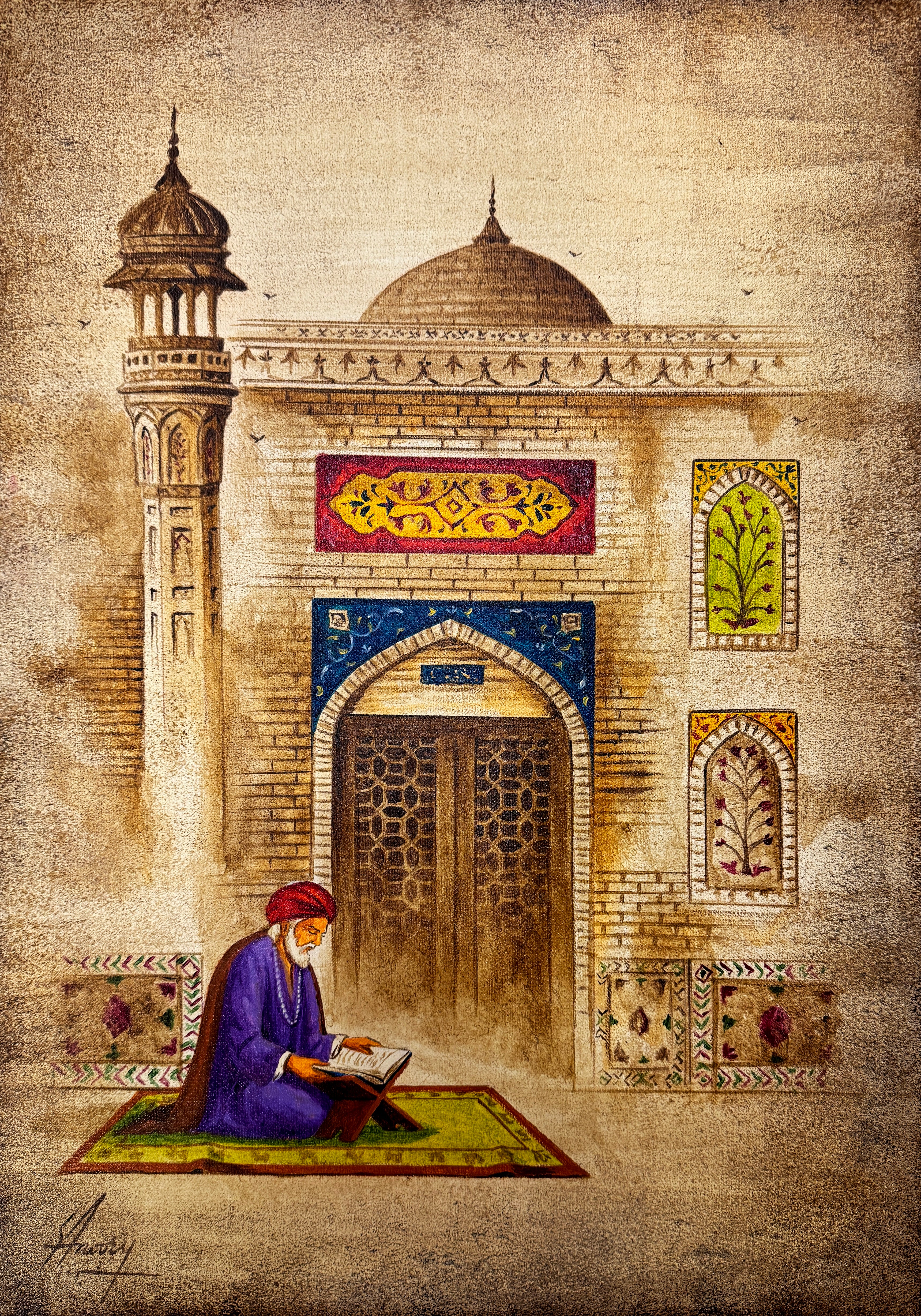S.A. Noory Quiet Devotion Spiritual Mosque Acrylic on Canvas 14x20 inches