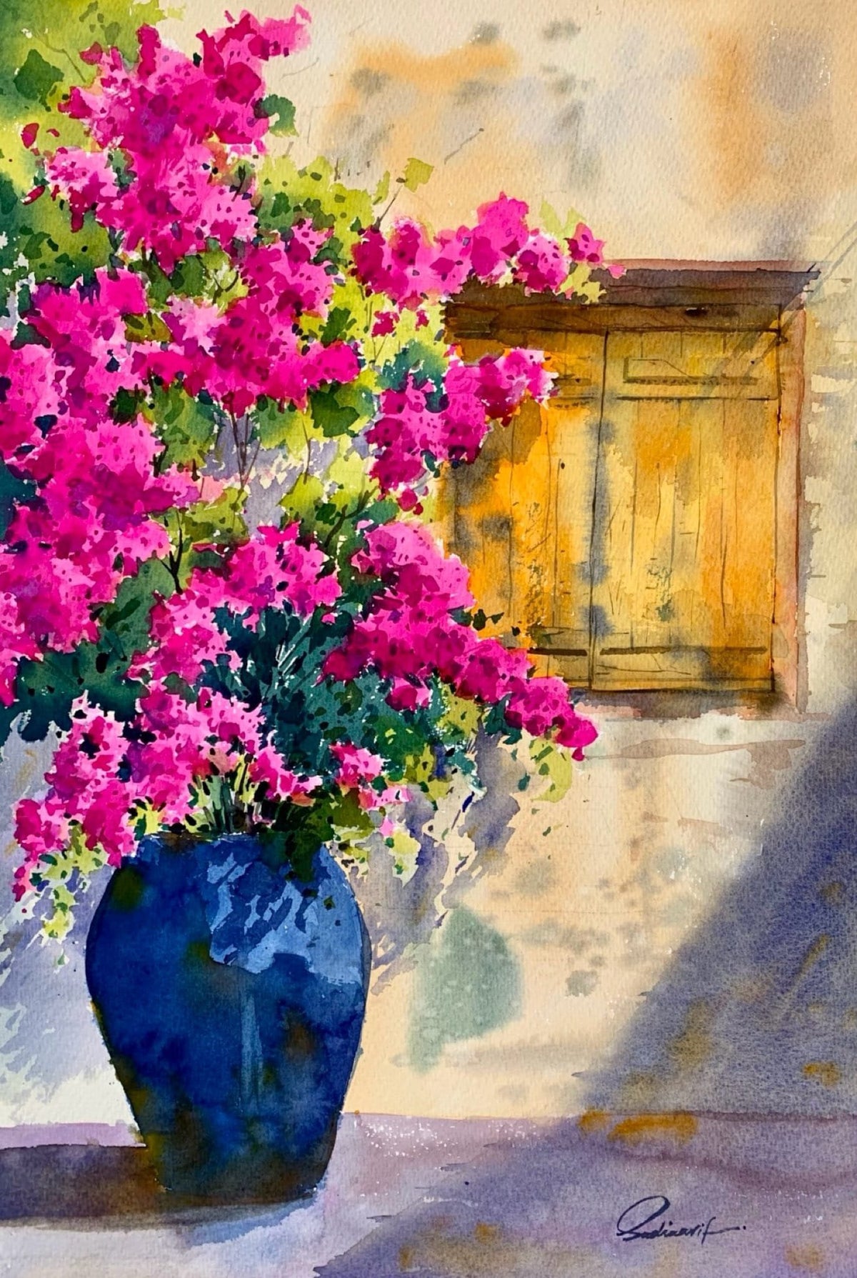 Sadia Arif Blooming Serenity watercolor on paper 15x21 inches pink bougainvillea in blue vase painting
