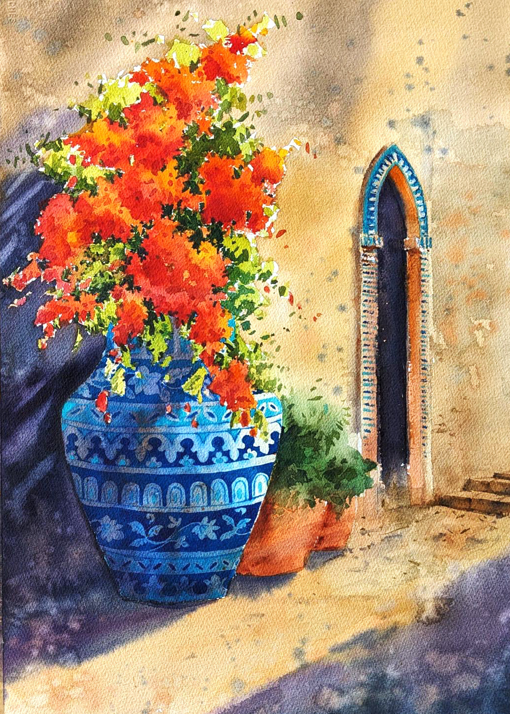Sadia Arif Blooming Serenity watercolor on paper 15x21 inches blue vase with orange flowers and arch
