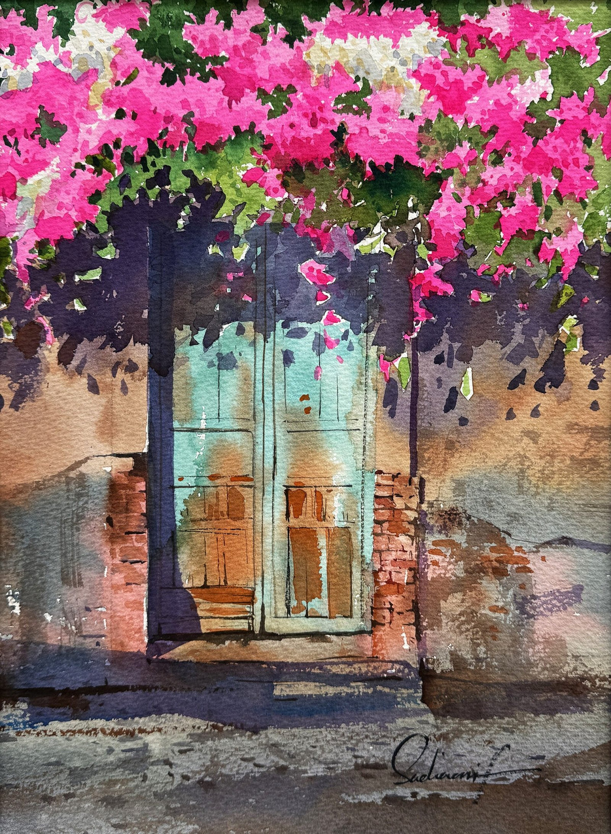 Sadia Arif Blossom Canopy Doorway watercolor on paper 11x15 inches blue door with pink bougainvillea canopy painting
