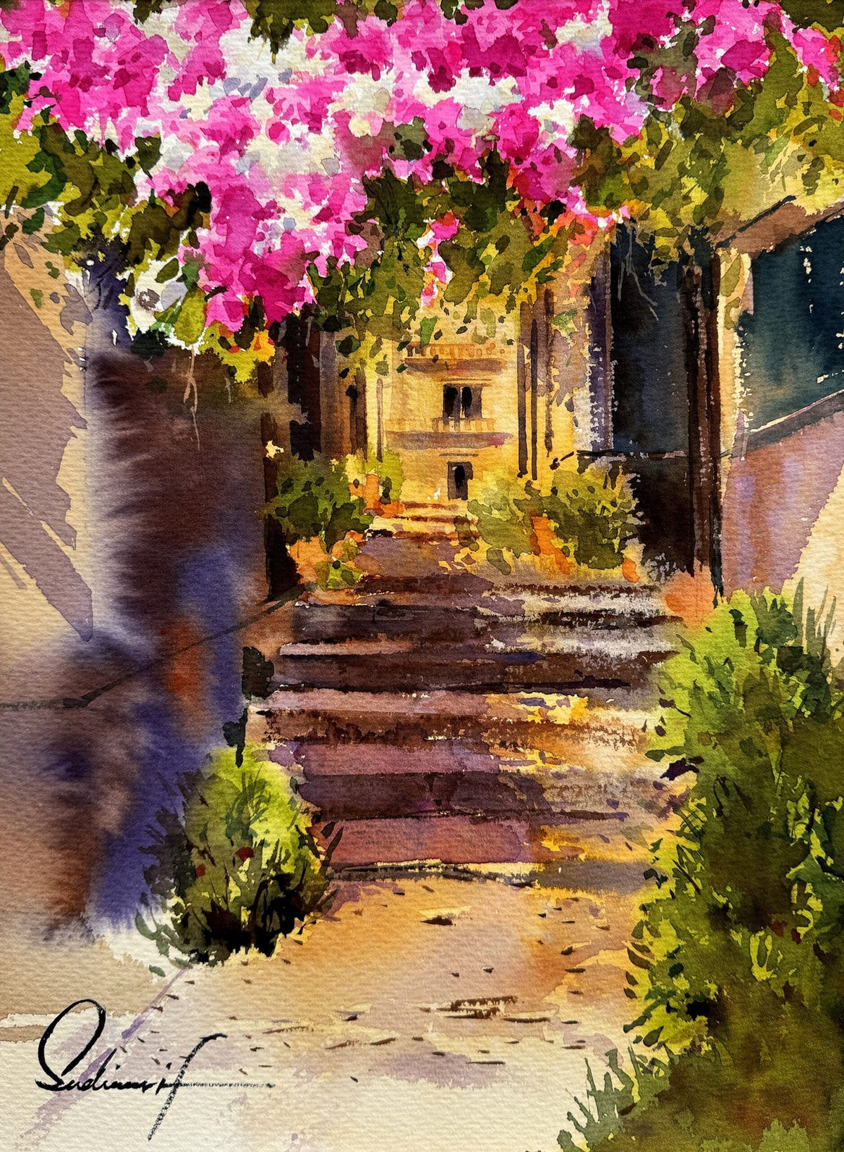 Sadia Arif Bougainvillea Steps Alley watercolor on paper 11x15 inches sunlit alley steps with pink bougainvillea flowers painting
