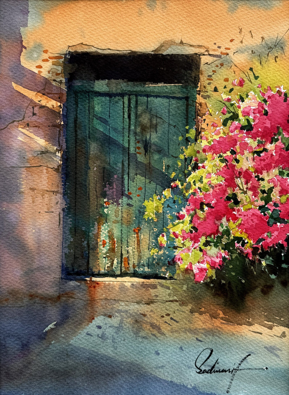 Sadia Arif Emerald Door Blooms watercolor on paper 11x15 inches green door with pink bougainvillea painting
