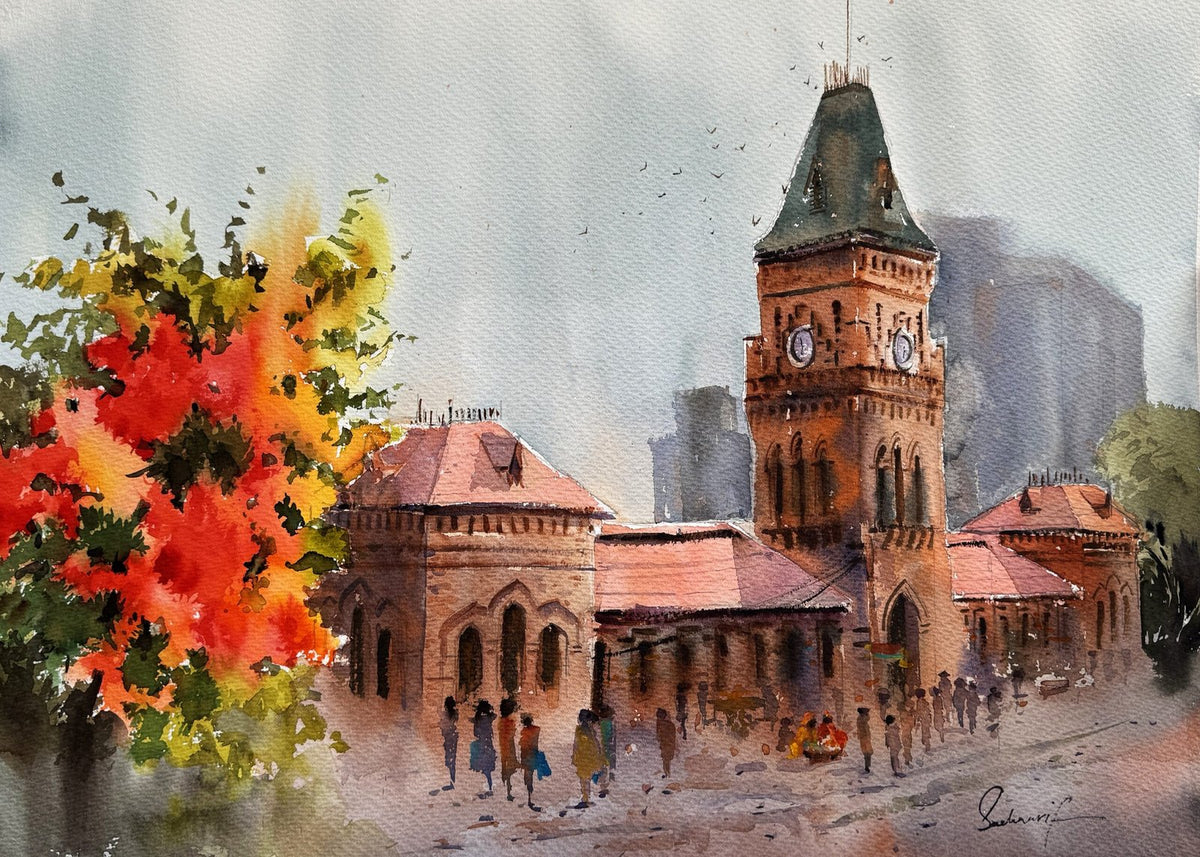 Sadia Arif Empress Market Karachi watercolor on paper 15x21 inches painting of historic clock tower with colorful trees
