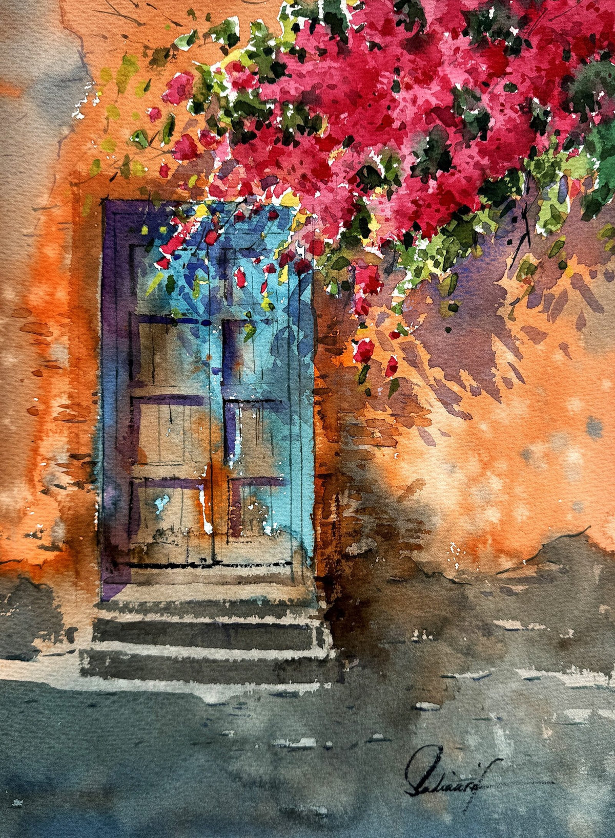 Sadia Arif Pink Bloom Doorway watercolor on paper 11x15 inches blue door with pink bougainvillea flowers painting
