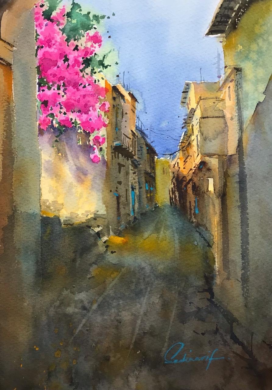 Sadia Arif Sunlit Bougainvillea Lane watercolor on paper 11x15 inches old alley street with pink bougainvillea painting
