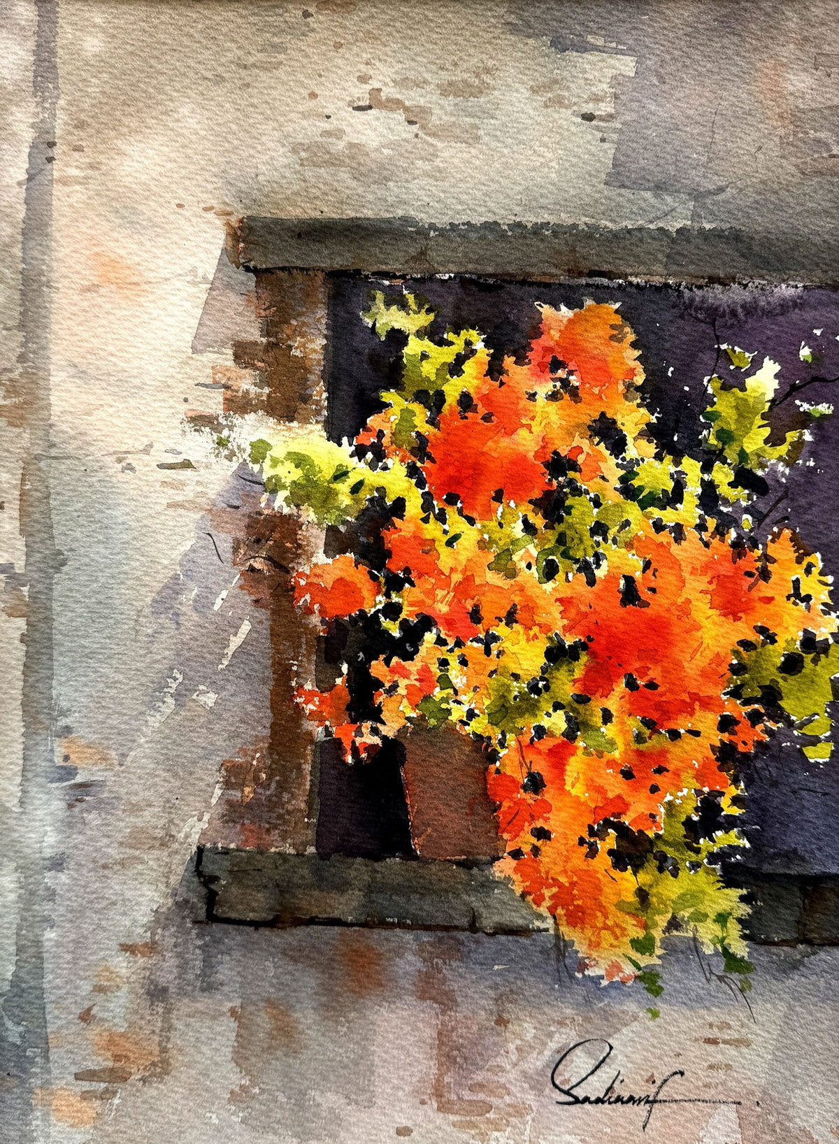 Sadia Arif Sunlit Orange Bloom Window watercolor on paper 11x15 inches orange bougainvillea at rustic window painting for sale
