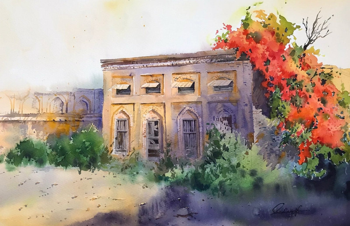 Sadia Arif Whispers of Time watercolor on paper 15x21 inches heritage building with red bougainvillea painting
