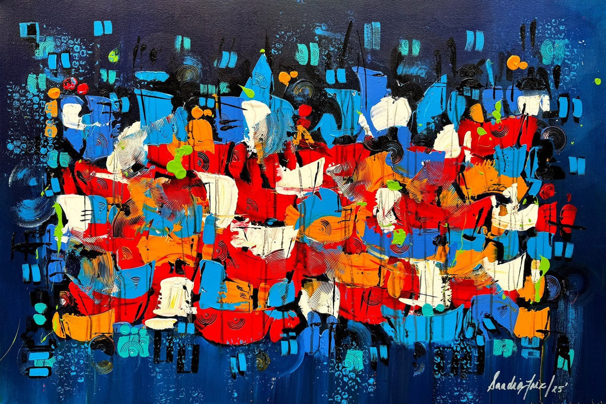 Sadia Faiz midnight blue red carnival oil on canvas 24x36 inches flower series abstract painting sold out