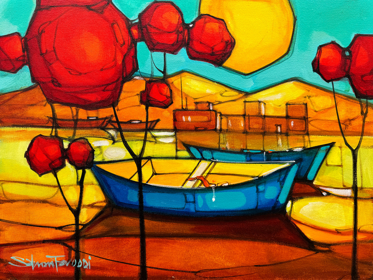 Salman Farooqi blue boat with red trees painting acrylic on canvas 18x24 inches artwork