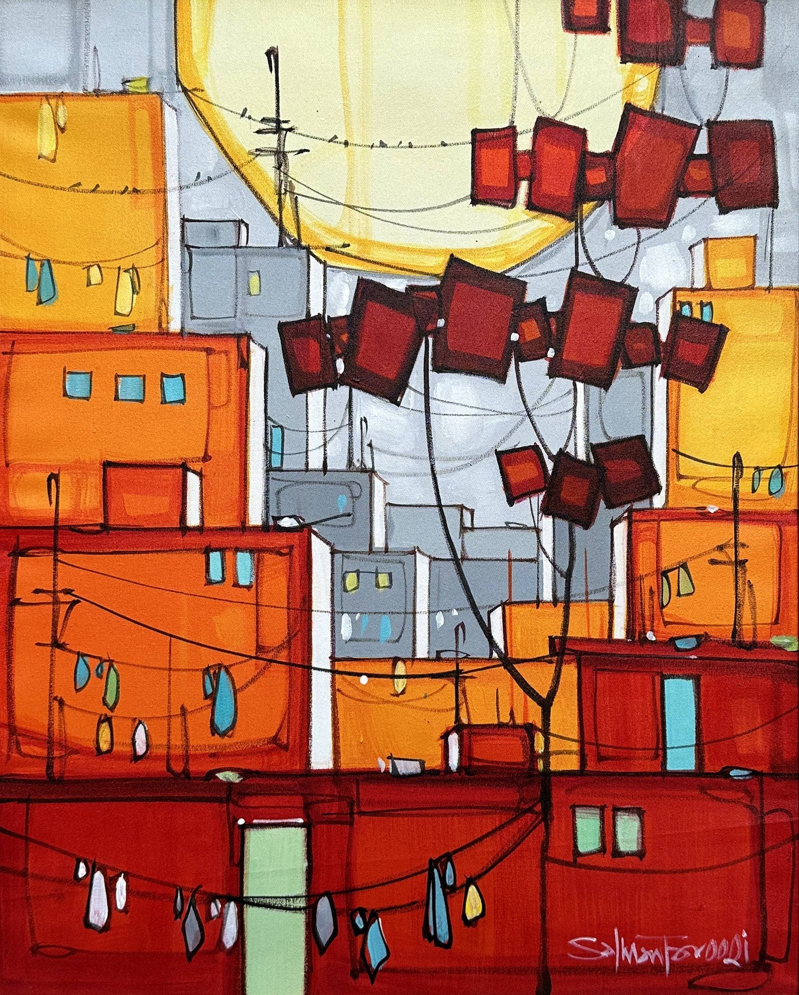 Salman Farooqi Crimson Sun Kites Acrylic on Canvas 16x20 inches