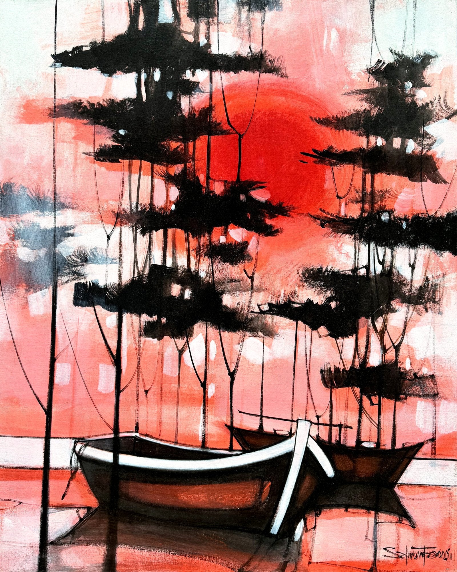 Salman Farooqi Crimson Sunset Harbor Acrylic on Canvas 24x30 inches