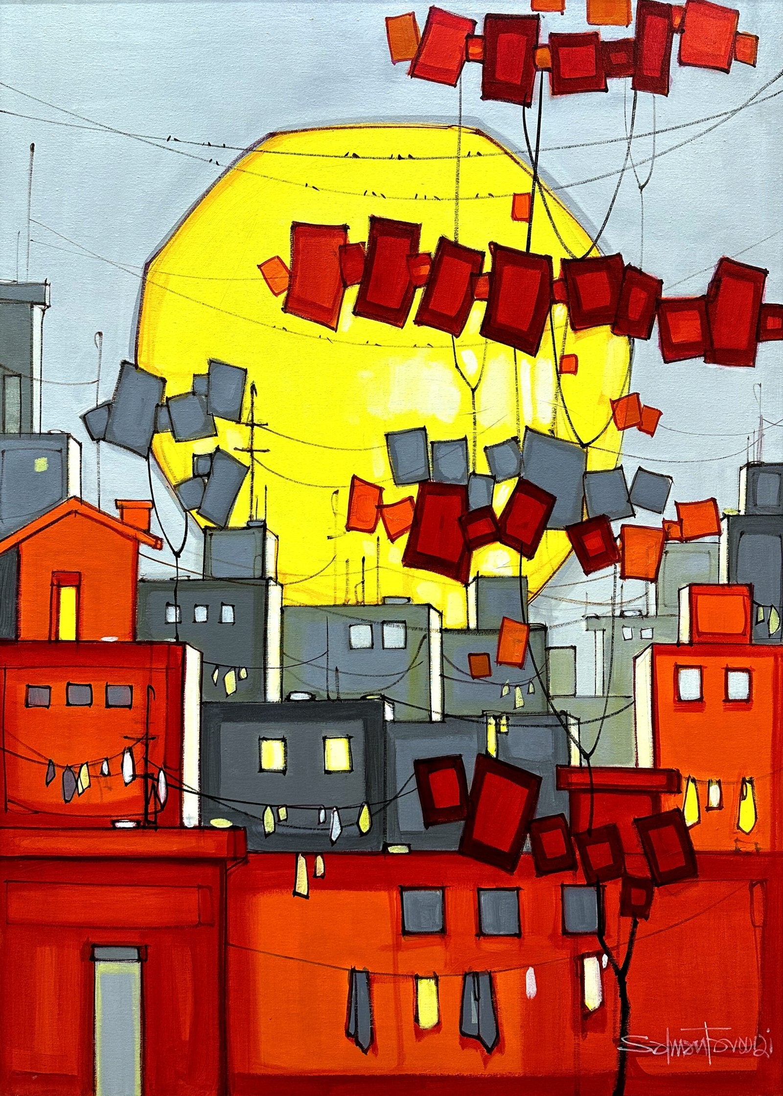 Salman Farooqi Golden Sun Kites Acrylic on Canvas 30x42 inches