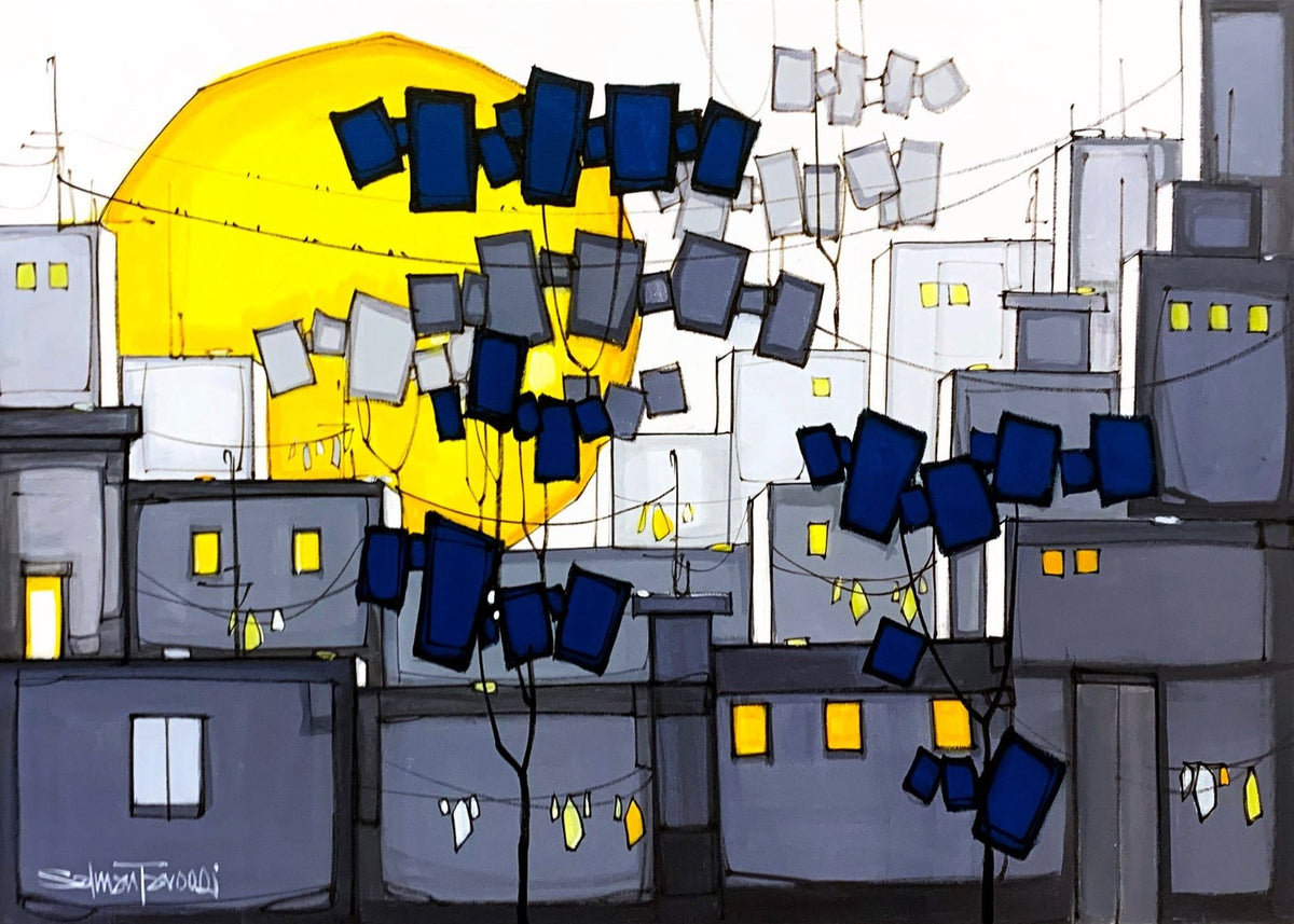 Salman Farooqi Landscape acrylic on canvas 30x42 inches Pakistani contemporary painting of urban rooftops and yellow sun
