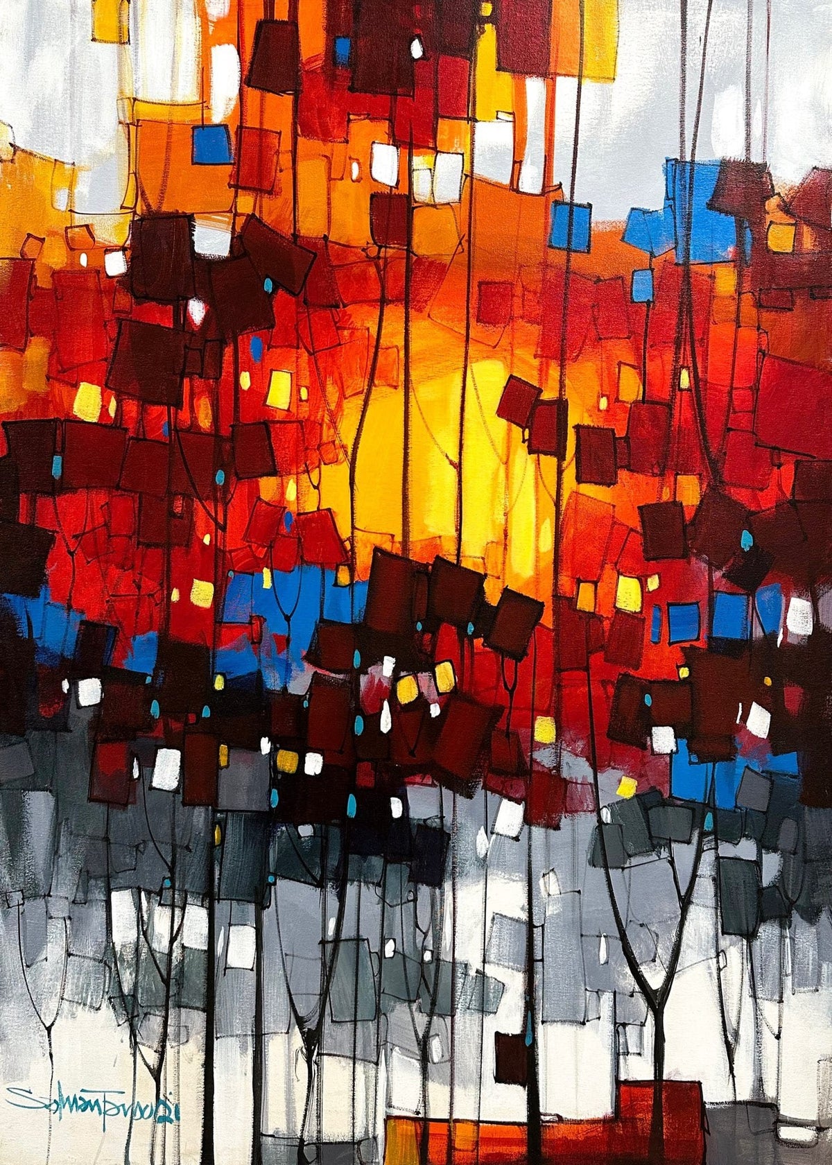 Salman Farooqi Landscape Fiery City acrylic on canvas 30x42 inches Pakistani contemporary abstract painting of urban buildings
