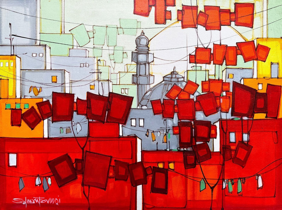 Salman Farooqi Landscape Red City acrylic on canvas 18x24 inches Pakistani contemporary painting of urban rooftops and mosque
