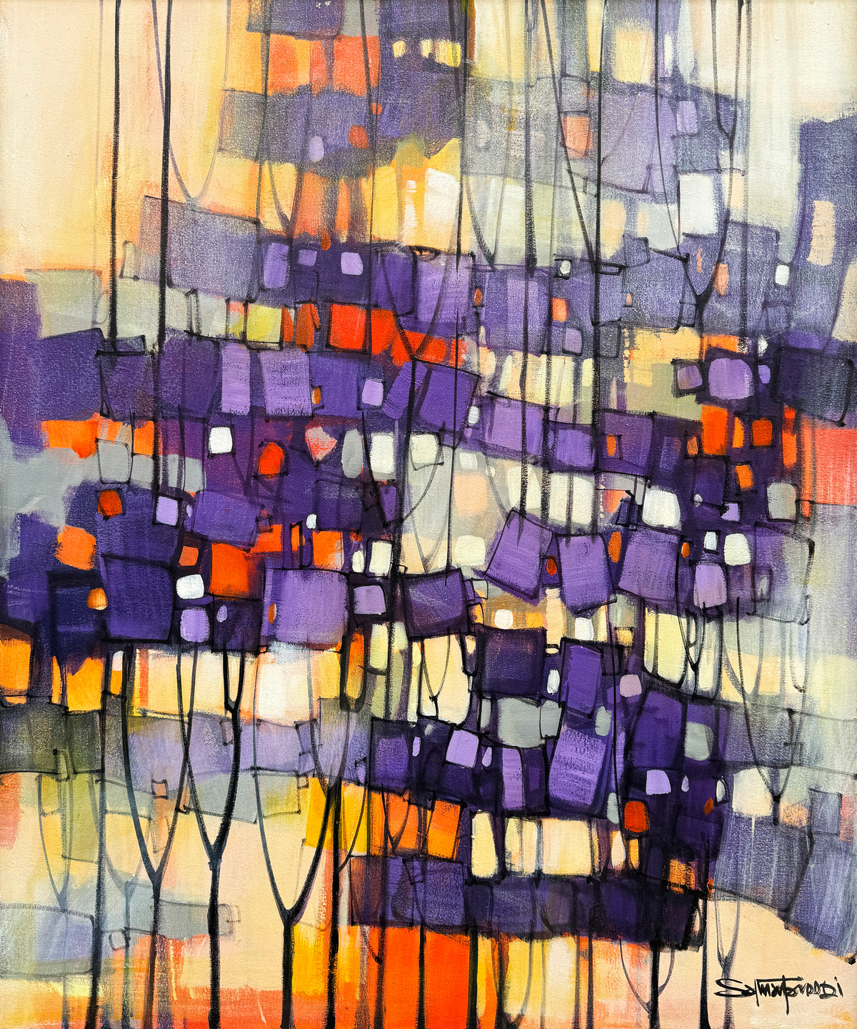 Salman Farooqi Purple Urban Rhapsody abstract cityscape trees acrylic on canvas 30x36 inches purple cubes orange yellow geometric abstract painting