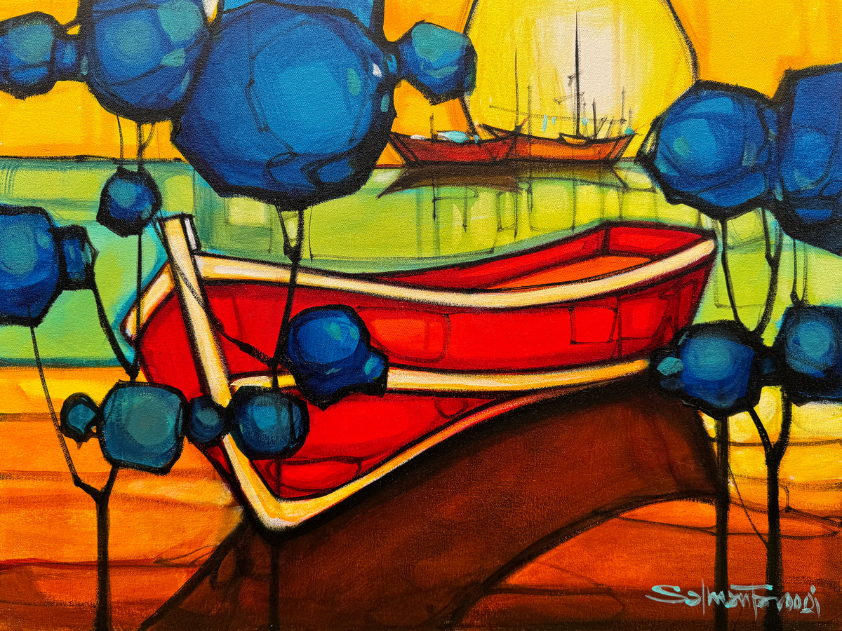 Salman Farooqi red boat colorful landscape painting acrylic on canvas 18x24 inches available artwork