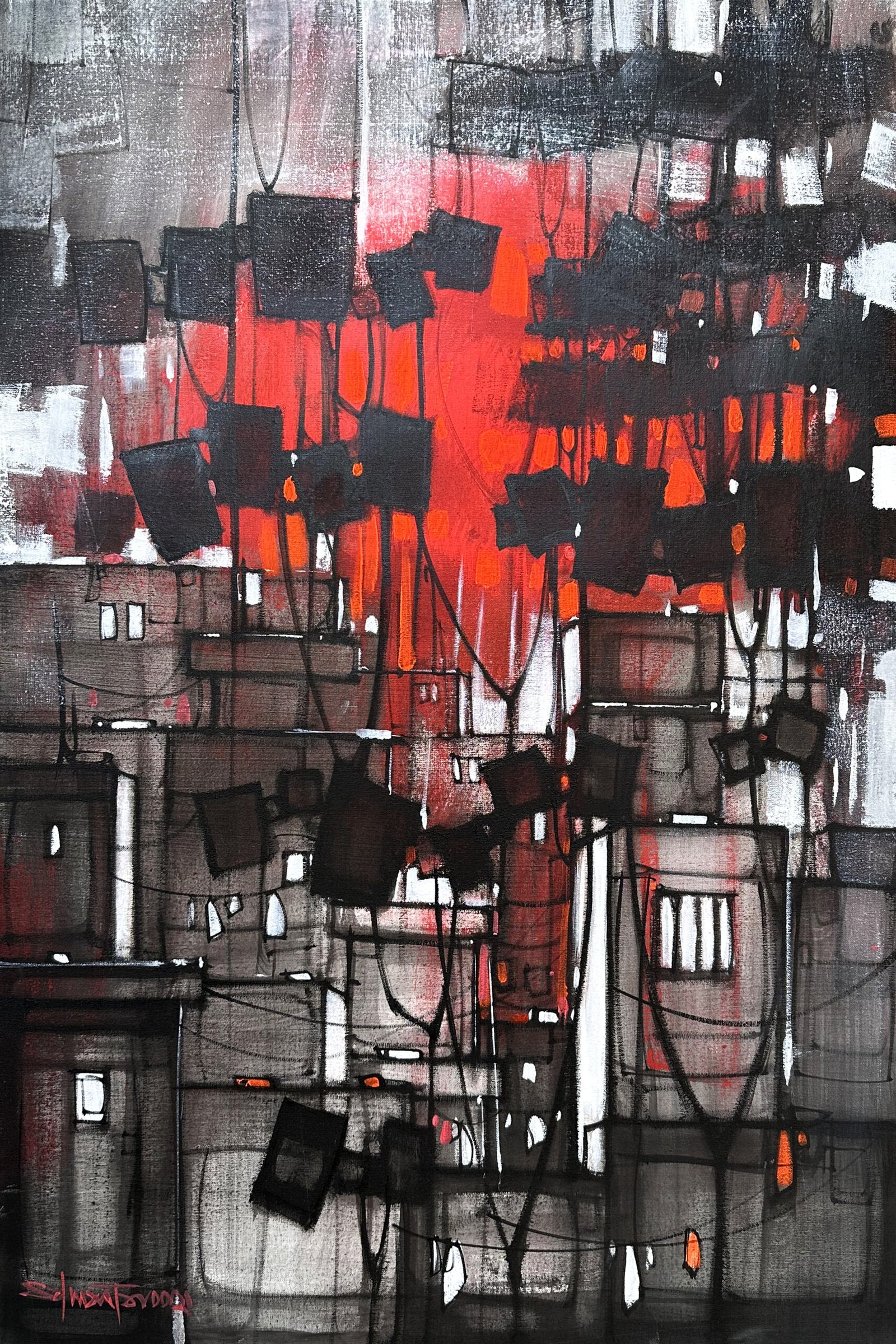 Salman Farooqi Scarlet Cityscape Acrylic on Canvas 24x36 inches